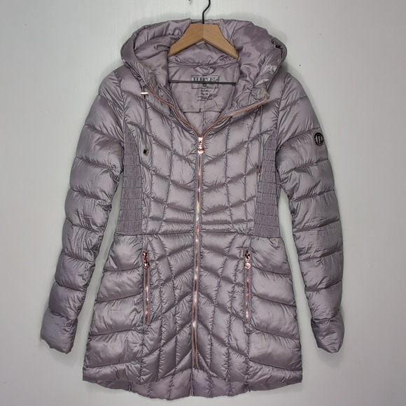 Bernardo Jackets & Blazers - Bernardo EcoPlume Hooded Packable Quilted Jacket Womens S Purple Rose Gold Zip